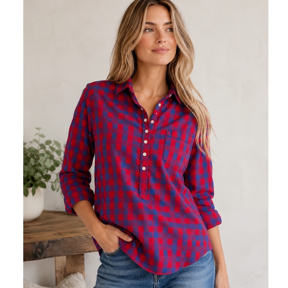 J.Crew Buffalo Check Popover Shirt XL Red Blue Plaid 100% Cotton Casual